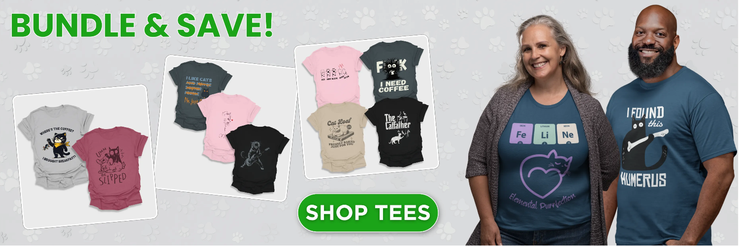 Cat-themed graphic tees displayed alongside two models wearing Arteecatz T-shirts for the mix-and-match bundle offer.